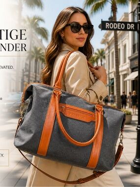Prestige Gray Canvas Weekend Shoulder Bag with Tan Leather Trim